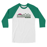 Alamogordo Mountain Sunset Men/Unisex Raglan 3/4 Sleeve T-Shirt-White with Kelly-Allegiant Goods Co. Vintage Sports Apparel