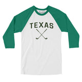Texas Golf Men/Unisex Raglan 3/4 Sleeve T-Shirt-White with Kelly-Allegiant Goods Co. Vintage Sports Apparel