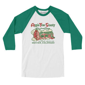 Apple Tree Shanty Denver Men/Unisex Raglan 3/4 Sleeve T-Shirt-White with Kelly-Allegiant Goods Co. Vintage Sports Apparel