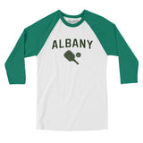 Albany Pickleball Men/Unisex Raglan 3/4 Sleeve T-Shirt-White with Kelly-Allegiant Goods Co. Vintage Sports Apparel