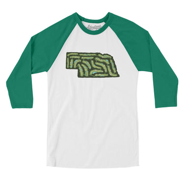 Nebraska Golf Course Men/Unisex Raglan 3/4 Sleeve T-Shirt-White with Kelly-Allegiant Goods Co. Vintage Sports Apparel