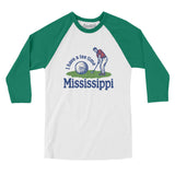 I Have A Tee Time In Mississippi Men/Unisex Raglan 3/4 Sleeve T-Shirt-White with Kelly-Allegiant Goods Co. Vintage Sports Apparel