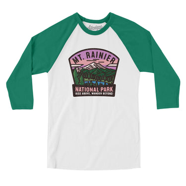 Mt. Rainier National Park Badge Men/Unisex Raglan 3/4 Sleeve T-Shirt-White with Kelly-Allegiant Goods Co. Vintage Sports Apparel