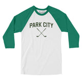 Park City Golf Men/Unisex Raglan 3/4 Sleeve T-Shirt-White with Kelly-Allegiant Goods Co. Vintage Sports Apparel