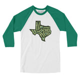 Texas Golf Course Map Men/Unisex Raglan 3/4 Sleeve T-Shirt-White with Kelly-Allegiant Goods Co. Vintage Sports Apparel