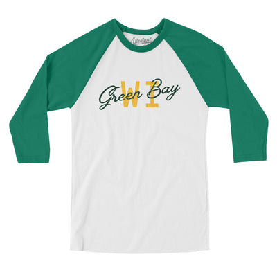 Green Bay Wi Overprinted Men/Unisex Raglan 3/4 Sleeve T-Shirt-White with Kelly-Allegiant Goods Co. Vintage Sports Apparel
