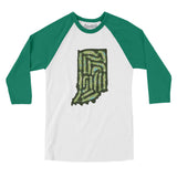Indiana Golf Course Map Men/Unisex Raglan 3/4 Sleeve T-Shirt-White with Kelly-Allegiant Goods Co. Vintage Sports Apparel