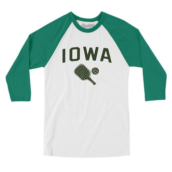 Iowa Pickleball Men/Unisex Raglan 3/4 Sleeve T-Shirt-White with Kelly-Allegiant Goods Co. Vintage Sports Apparel