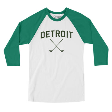 Detroit Golf Men/Unisex Raglan 3/4 Sleeve T-Shirt-White with Kelly-Allegiant Goods Co. Vintage Sports Apparel
