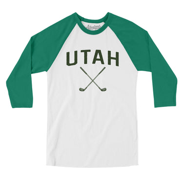 Utah Golf Men/Unisex Raglan 3/4 Sleeve T-Shirt-White with Kelly-Allegiant Goods Co. Vintage Sports Apparel
