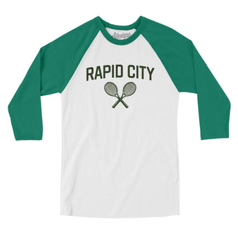 Rapid City Tennis Men/Unisex Raglan 3/4 Sleeve T-Shirt-White with Kelly-Allegiant Goods Co. Vintage Sports Apparel