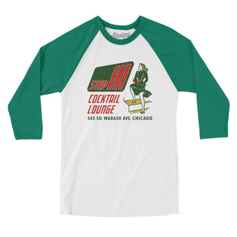Step Hi Cocktail Lounge Chicago Men/Unisex Raglan 3/4 Sleeve T-Shirt-White with Kelly-Allegiant Goods Co. Vintage Sports Apparel