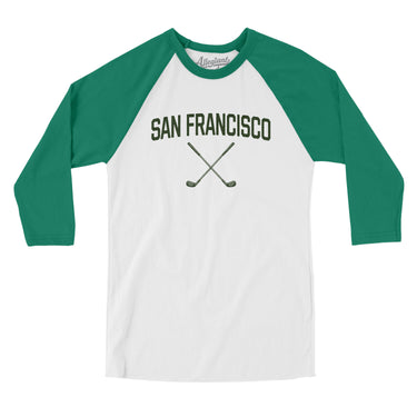 San Francisco Golf Men/Unisex Raglan 3/4 Sleeve T-Shirt-White with Kelly-Allegiant Goods Co. Vintage Sports Apparel