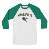 Minneapolis Pickleball Men/Unisex Raglan 3/4 Sleeve T-Shirt-White with Kelly-Allegiant Goods Co. Vintage Sports Apparel