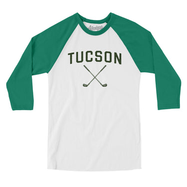 Tucson Golf Men/Unisex Raglan 3/4 Sleeve T-Shirt-White with Kelly-Allegiant Goods Co. Vintage Sports Apparel