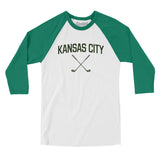 Kansas City Golf Men/Unisex Raglan 3/4 Sleeve T-Shirt-White with Kelly-Allegiant Goods Co. Vintage Sports Apparel