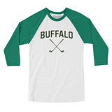 Buffalo Golf Men/Unisex Raglan 3/4 Sleeve T-Shirt-White with Kelly-Allegiant Goods Co. Vintage Sports Apparel