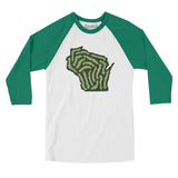 Wisconsin Golf Course Map Men/Unisex Raglan 3/4 Sleeve T-Shirt-White with Kelly-Allegiant Goods Co. Vintage Sports Apparel