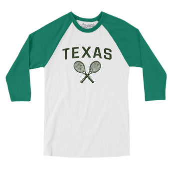 Texas Tennis Men/Unisex Raglan 3/4 Sleeve T-Shirt-White with Kelly-Allegiant Goods Co. Vintage Sports Apparel