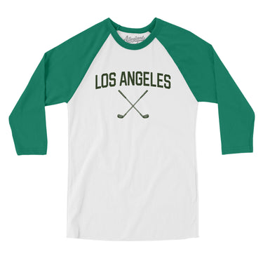 Los Angeles Golf Men/Unisex Raglan 3/4 Sleeve T-Shirt-White with Kelly-Allegiant Goods Co. Vintage Sports Apparel