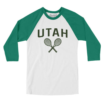 Utah Tennis Men/Unisex Raglan 3/4 Sleeve T-Shirt-White with Kelly-Allegiant Goods Co. Vintage Sports Apparel