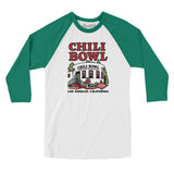 Chili Bowl Men/Unisex Raglan 3/4 Sleeve T-Shirt-White with Kelly-Allegiant Goods Co. Vintage Sports Apparel