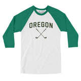 Oregon Golf Men/Unisex Raglan 3/4 Sleeve T-Shirt-White with Kelly-Allegiant Goods Co. Vintage Sports Apparel