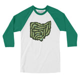 Ohio Golf Course Map Men/Unisex Raglan 3/4 Sleeve T-Shirt-White with Kelly-Allegiant Goods Co. Vintage Sports Apparel