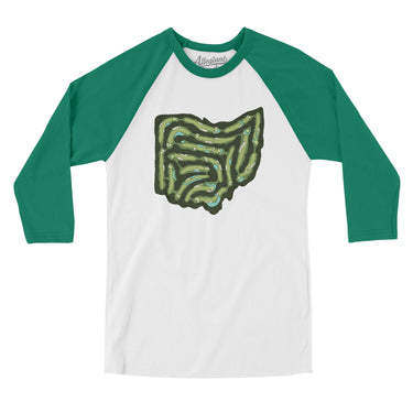 Ohio Golf Course Map Men/Unisex Raglan 3/4 Sleeve T-Shirt-White with Kelly-Allegiant Goods Co. Vintage Sports Apparel