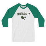 Kansas City Pickleball Men/Unisex Raglan 3/4 Sleeve T-Shirt-White with Kelly-Allegiant Goods Co. Vintage Sports Apparel