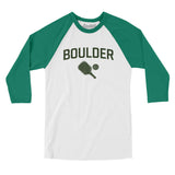 Boulder Pickleball Men/Unisex Raglan 3/4 Sleeve T-Shirt-White with Kelly-Allegiant Goods Co. Vintage Sports Apparel