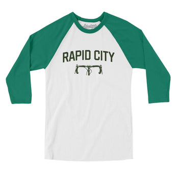 Rapid City Cycling Men/Unisex Raglan 3/4 Sleeve T-Shirt-White with Kelly-Allegiant Goods Co. Vintage Sports Apparel