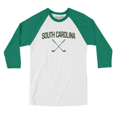 South Carolina Golf Men/Unisex Raglan 3/4 Sleeve T-Shirt-White with Kelly-Allegiant Goods Co. Vintage Sports Apparel