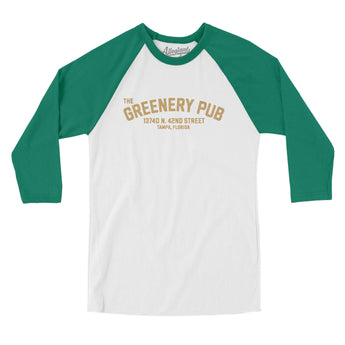 The Greenery Pub Tampa Men/Unisex Raglan 3/4 Sleeve T-Shirt-White with Kelly-Allegiant Goods Co. Vintage Sports Apparel