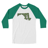 Maryland Golf Course Men/Unisex Raglan 3/4 Sleeve T-Shirt-White with Kelly-Allegiant Goods Co. Vintage Sports Apparel