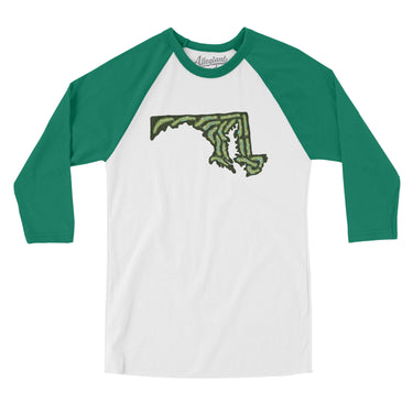 Maryland Golf Course Men/Unisex Raglan 3/4 Sleeve T-Shirt-White with Kelly-Allegiant Goods Co. Vintage Sports Apparel