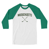 Massachusetts Golf Men/Unisex Raglan 3/4 Sleeve T-Shirt-White with Kelly-Allegiant Goods Co. Vintage Sports Apparel