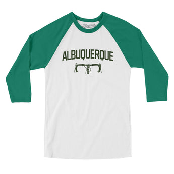Albuquerque Cycling Men/Unisex Raglan 3/4 Sleeve T-Shirt-White with Kelly-Allegiant Goods Co. Vintage Sports Apparel