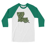Louisiana Golf Course Map Men/Unisex Raglan 3/4 Sleeve T-Shirt-White with Kelly-Allegiant Goods Co. Vintage Sports Apparel