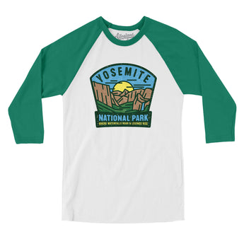 Yosemite National Park Badge Men/Unisex Raglan 3/4 Sleeve T-Shirt-White with Kelly-Allegiant Goods Co. Vintage Sports Apparel