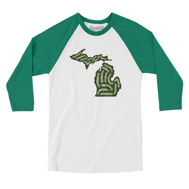 Michigan Golf Course Map Men/Unisex Raglan 3/4 Sleeve T-Shirt-White with Kelly-Allegiant Goods Co. Vintage Sports Apparel