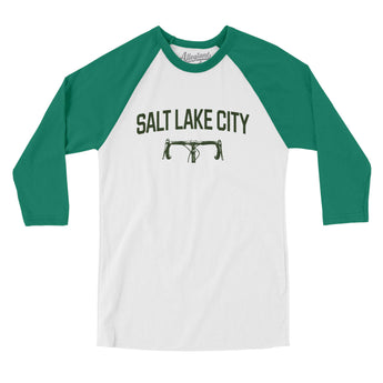Salt Lake City Cycling Men/Unisex Raglan 3/4 Sleeve T-Shirt-White with Kelly-Allegiant Goods Co. Vintage Sports Apparel