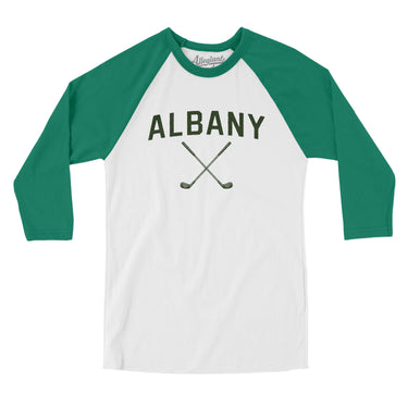 Albany Golf Men/Unisex Raglan 3/4 Sleeve T-Shirt-White with Kelly-Allegiant Goods Co. Vintage Sports Apparel