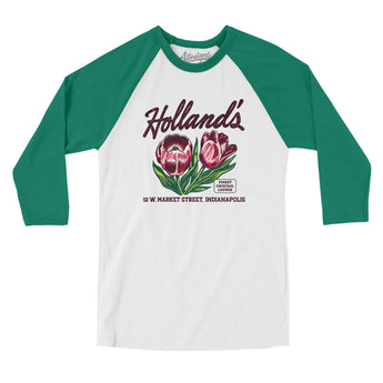 Holland's Indianapolis Men/Unisex Raglan 3/4 Sleeve T-Shirt-White with Kelly-Allegiant Goods Co. Vintage Sports Apparel