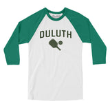 Duluth Pickleball Men/Unisex Raglan 3/4 Sleeve T-Shirt-White with Kelly-Allegiant Goods Co. Vintage Sports Apparel
