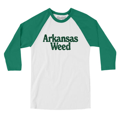 Arkansas Weed Men/Unisex Raglan 3/4 Sleeve T-Shirt-White with Kelly-Allegiant Goods Co. Vintage Sports Apparel