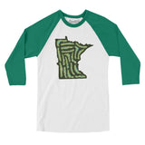 Minnesota Golf Course Men/Unisex Raglan 3/4 Sleeve T-Shirt-White with Kelly-Allegiant Goods Co. Vintage Sports Apparel
