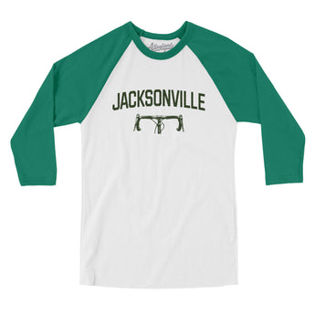 Jacksonville Cycling Men/Unisex Raglan 3/4 Sleeve T-Shirt-White with Kelly-Allegiant Goods Co. Vintage Sports Apparel