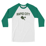 Rapid City Pickleball Men/Unisex Raglan 3/4 Sleeve T-Shirt-White with Kelly-Allegiant Goods Co. Vintage Sports Apparel