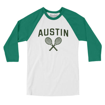 Austin Tennis Men/Unisex Raglan 3/4 Sleeve T-Shirt-White with Kelly-Allegiant Goods Co. Vintage Sports Apparel